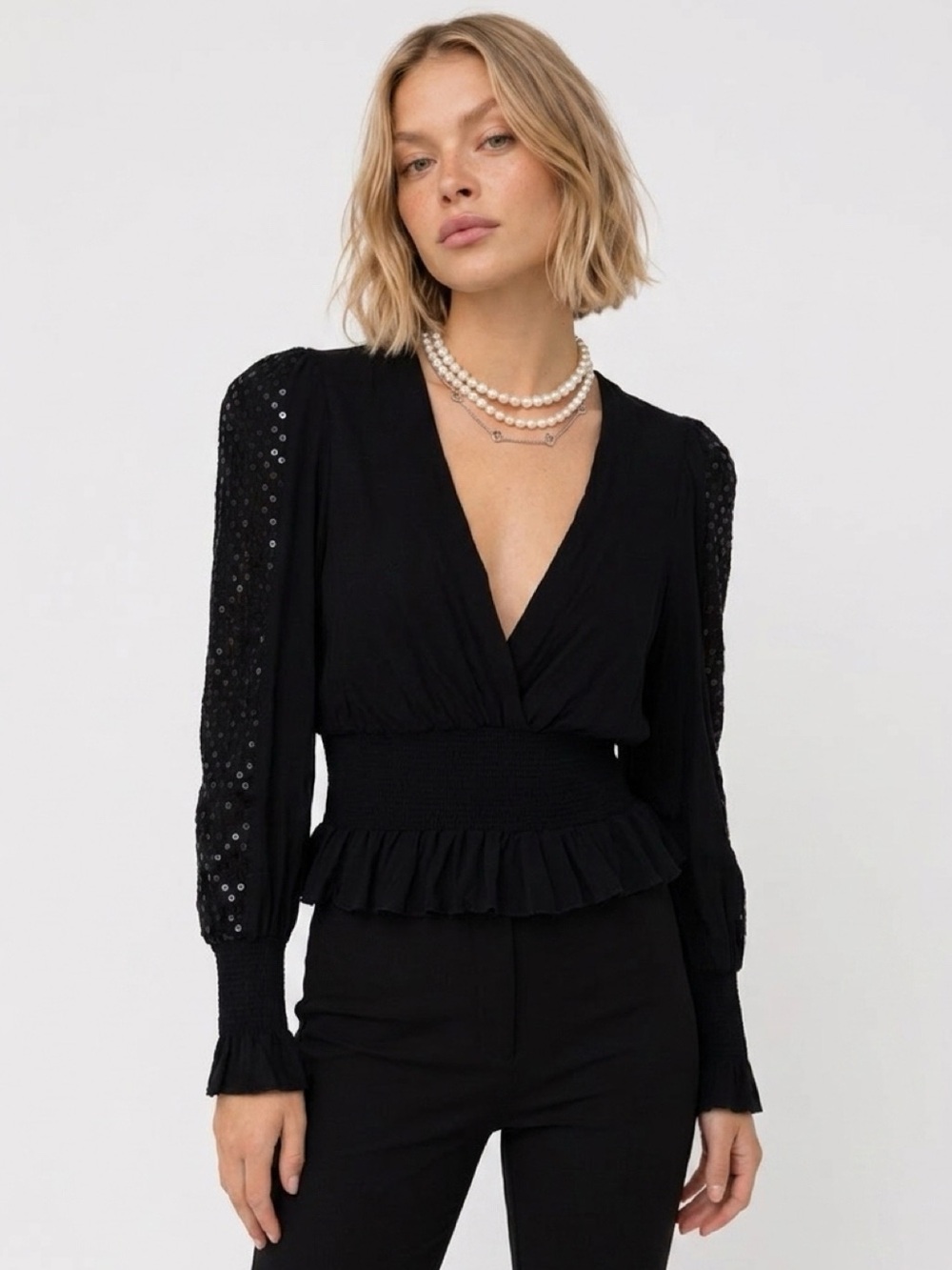 IRO Paris Black Sequin Sleeve Peplum Top FR 34 US 2 Party Blouse Y2K Fall